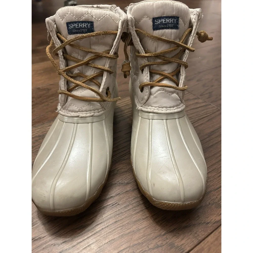 Sperry Duck Boots Youth 3 M Girls Saltwater Zip Lace Up Blush White